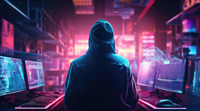 A cyberpunk hacker in a dimly lit neon room