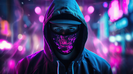 A cyberpunk hacker in a dimly lit neon room