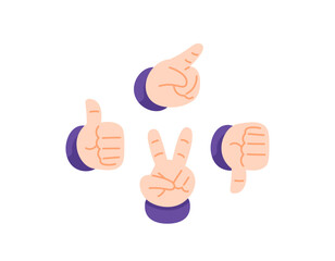 hand symbol v or peace symbol, thumb down or dislike, thumb up or like, finger pointing. collection of hand gesture illustration designs. cartoon or flat style. vector elements. white background