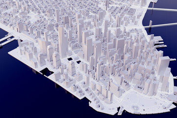 New York lower Manhattan downtown aerial view of a conceptual low poly city. White ice 3D buildings and glowing traffic lights with popular landmarks such as NY financial district.
