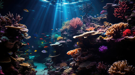 underwater coral reef landscape background in the deep blue ocean with colorful fish and marine life