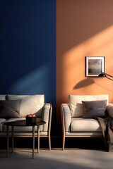 3d living room interior mockup in warm tones with armchair on empty dark blue wall background