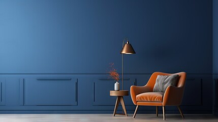 3d living room interior mockup in warm tones with armchair on empty dark blue wall background - obrazy, fototapety, plakaty