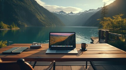 businessman's outdoor office or workspace while he traveling on his holiday.	
