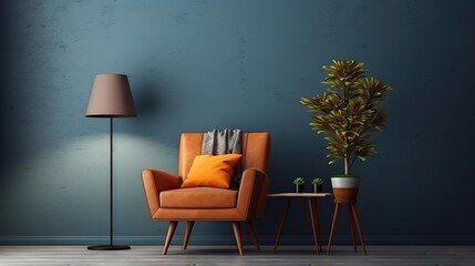 Fototapeta na wymiar 3d living room interior mockup in warm tones with armchair on empty dark blue wall background