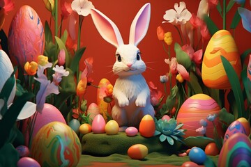 Charming 8k bunny art featuring playful Easter scenes, vibrant eggs, soft colors, and bold outlines. Generative AI