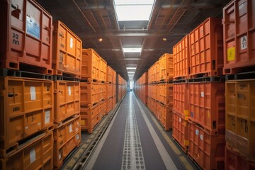 Storage of a transport company with crates. Generative AI