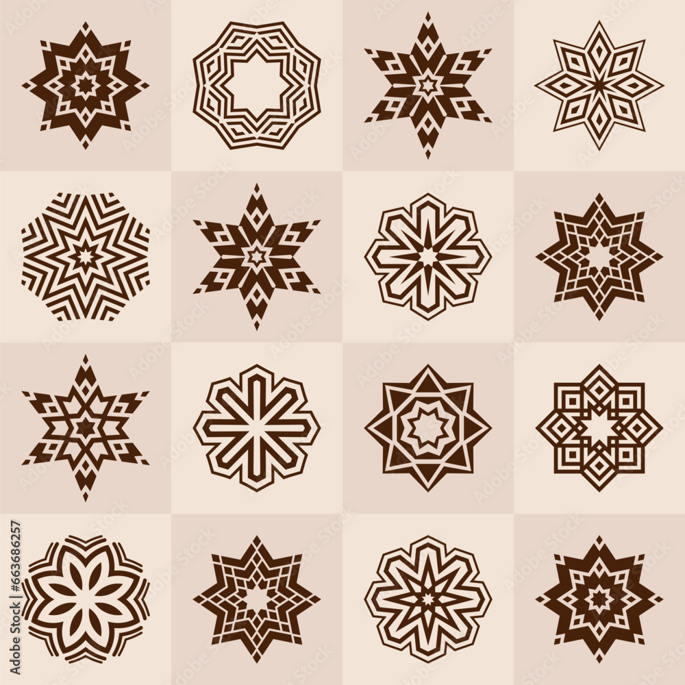 Wall mural seamless vector pattern with geometric circular ornaments isolated on square tiles. symmetric geomet