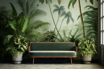 A room with plant wallpaper and a bench with a pillow, surrounded by more plant wallpaper. Generative AI - obrazy, fototapety, plakaty