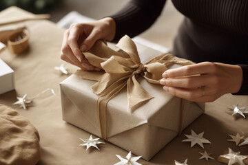 woman's ghands wrapping christmas gifts with ribbons