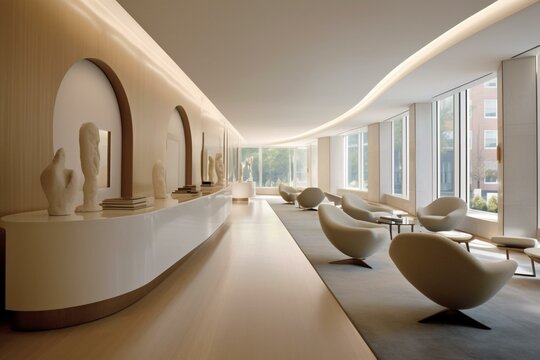 Simplistic elegance: a pristine reception area influenced by Saarinen's design. Generative AI