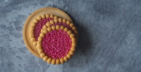 Sweet biscuits on a grey background. Top view. Copy space.