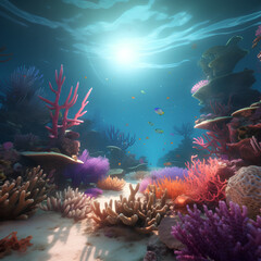 Naklejka na ściany i meble Ocean Wonders: Use AI to create realistic underwater scenes with cute sea creatures, corals, and seaweed, - Variations