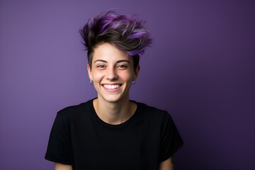 Close-Up Portrait of a Fictional Young Short Haired Woman Model Smiling Isolated on a Colored Background. Generative AI.