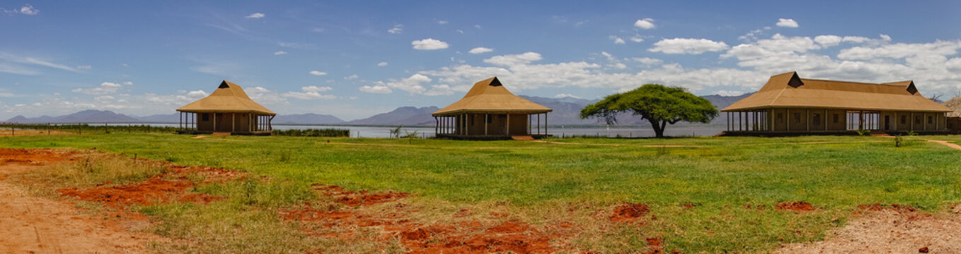 Cabins at a campsite at Lake Jipe in Tsavo West National Park, Kenya