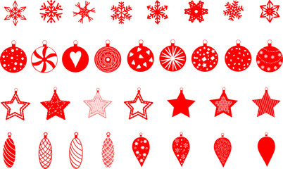 Set di decorazioni natalizie, addobbi per albero, stelle, palline, pigne e fiocchi di neve