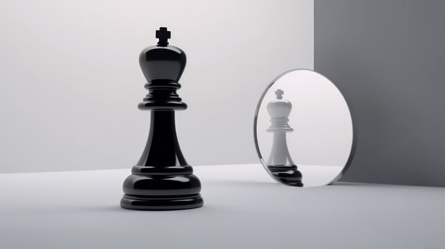 chess game black pawn piece stands in front of mirror,self reflection concept,self awareness concept 