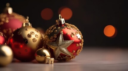 Beautiful colorful christmas composition of red and golden balls with bokeh lights wallpaper background