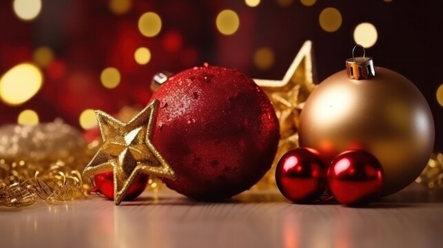 Beautiful colorful christmas composition of red and golden balls with bokeh lights wallpaper background