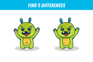 Find three differences between two pictures of cute green monster. Cute alien. Vector illustration