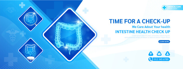 Medical banner social media health care template design for check up. Intestine in square frame magnifying glass and stethoscope examining organ. Poster or background for medical ads website. Vector.
