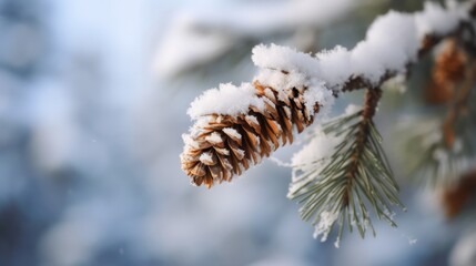 Naklejka na ściany i meble Beautiful fluffy fir branch and cone covered with snow 