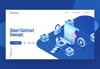 Landing Page Design With Business Man Approval Contract Paper All Round Servers And Security For Smart Contract Concept.