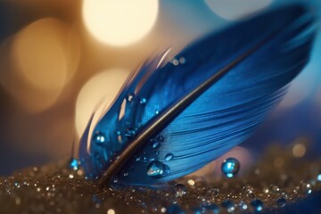 Big blue dew drops of rain water on a blue bird feather with golden bokeh background