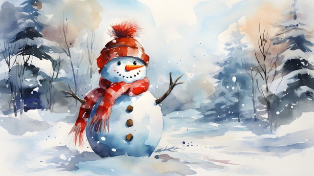 Winter Wonderland, Whimsical Watercolor Snowman in the Snow