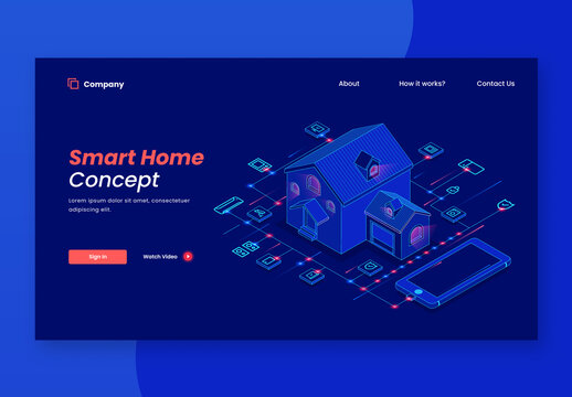 Landing Page Design, Smart Home Connected or Control with Technology Devices Through Internet Network, Internet of Things Background.