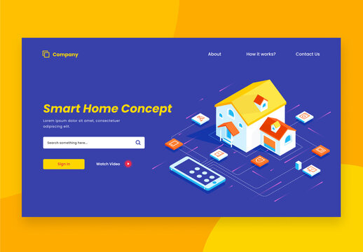 Landing Page Design, Smart Home Connected with Digital Devices Through Internet Network and Approval Security on Blue Background.