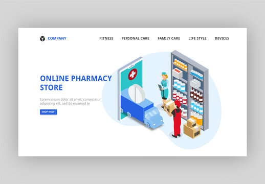 Online Pharmacy Store Landing Page, Isometric Smartphone with Delivery Truck, Courier Boy and Pharmacist Character.