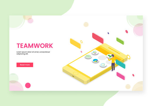 Teamwork Concept Based Landing Page With Isometric Illustration Of Business Worker Maintain Mobile Data.