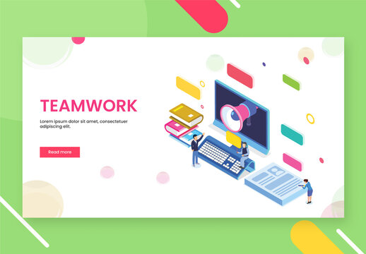 Teamwork Concept Based Landing Page With Online Advertising From Desktop And Business People Working Together.