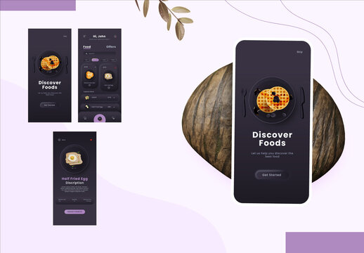 Food Ordering Mobile App UI Including Login, Discover Dish Description Screen Template for Advertising.