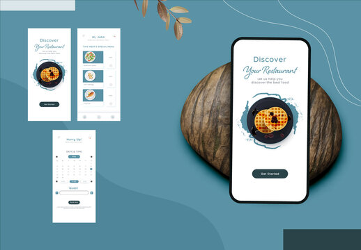 Food Ordering Mobile App UI Including Login, Discover Dish Description Screen Template for Advertising.