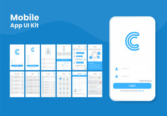 Wireframe UI, UX and GUI Layout with Different Screens Including as Create Account, Profile, Chat, Articles, Contact, Calendar, Setting Options for Mobile Apps or Responsive Website.
