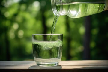Clean drinking water is poured from a jug into a glass and blurred green nature background