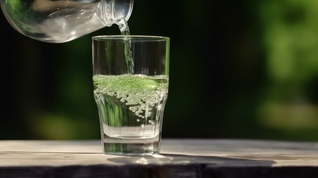 Clean drinking water is poured from a jug into a glass and blurred green nature background
