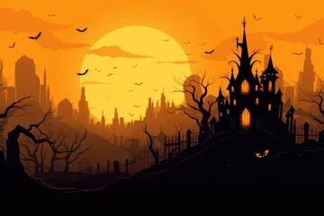 Halloween City Skyline Silhouette Illustration with Orange and yellow background and flying bats.
