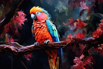 Colorful illustration scarlet macaw parrot in jungle.