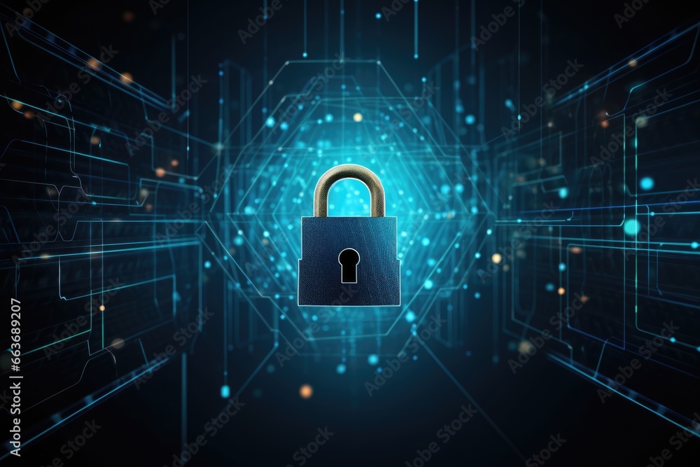 Poster Cyber security concept. Lock and connection network symbol on blue background.