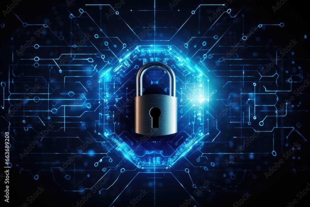 Poster Cyber security concept. Lock and connection network symbol on blue background.