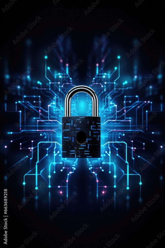 Poster Cyber security concept. Lock and connection network symbol on blue background.