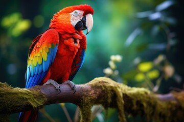 Colorful scarlet macaw parrot in jungle.