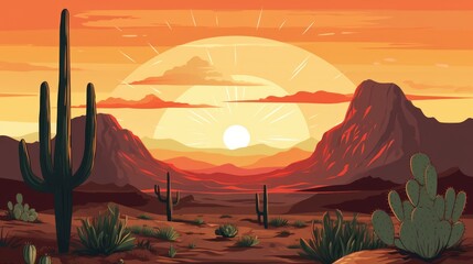 Wild Western Texas desert sunset with mountains and cactus.