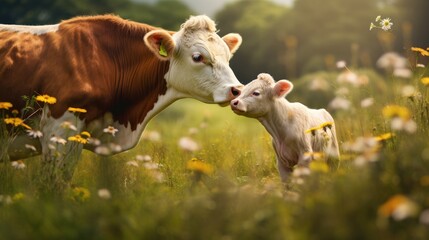 Obraz premium A rural scene with a cow and a calf in a green meadow