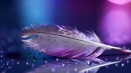 Drops of water on feather on mirror surface macro with beautiful blurred background,pink and violet wallpaper background about dew on the feather