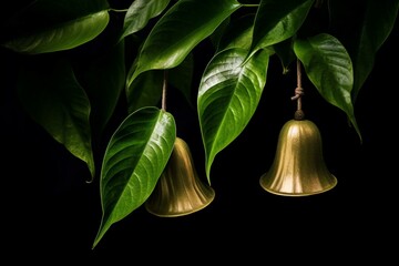 An evergreen leaf and two jingling bells. Generative AI - obrazy, fototapety, plakaty