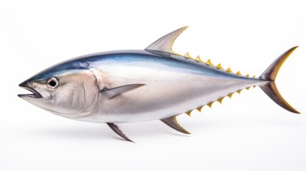 Fototapeta premium Yellow fin tuna on a white background, fresh tuna caught by fishermen. Tuna fish contains very high amounts of folate, iron and vitamin B12 so it can prevent anemia.